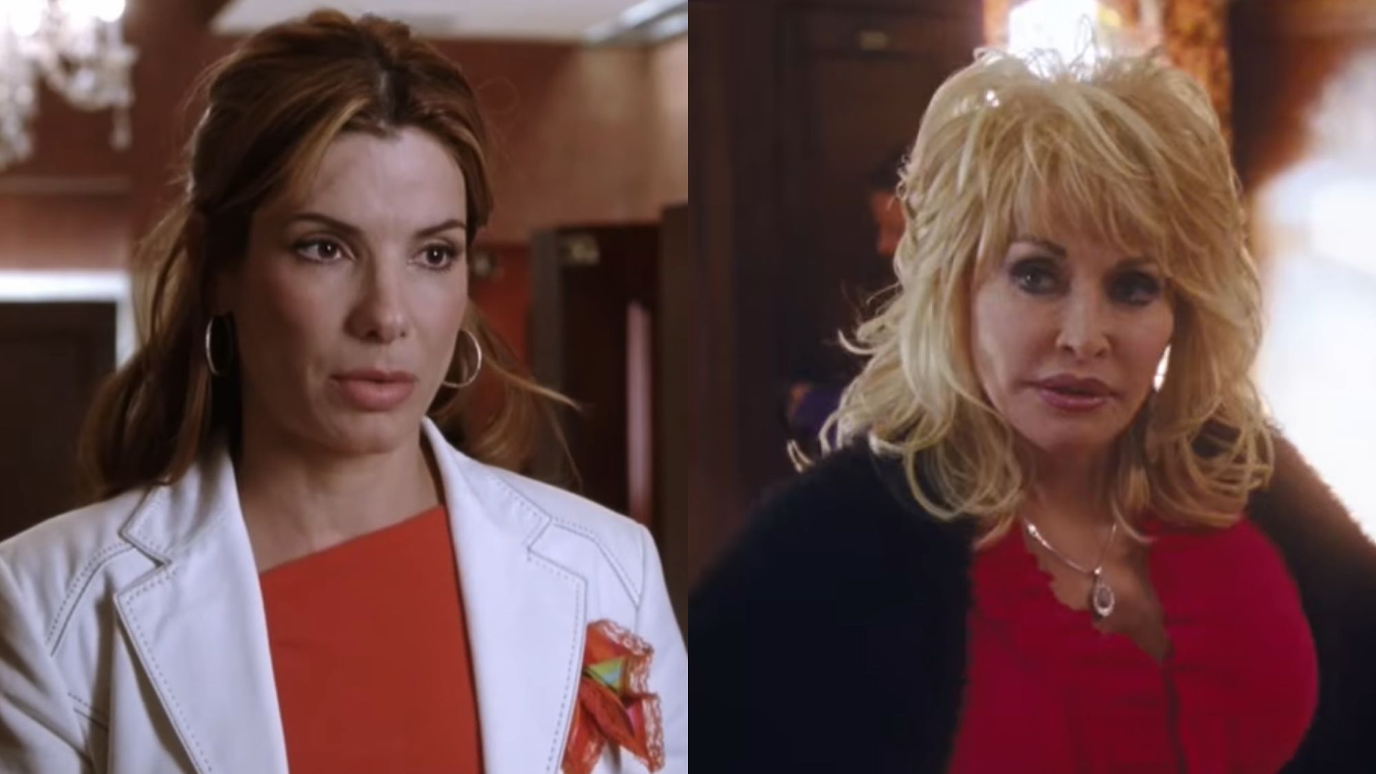 Right: Sandra Bullock in Miss Congeniality 2. Left: Dolly Parton in Joyful Noise.