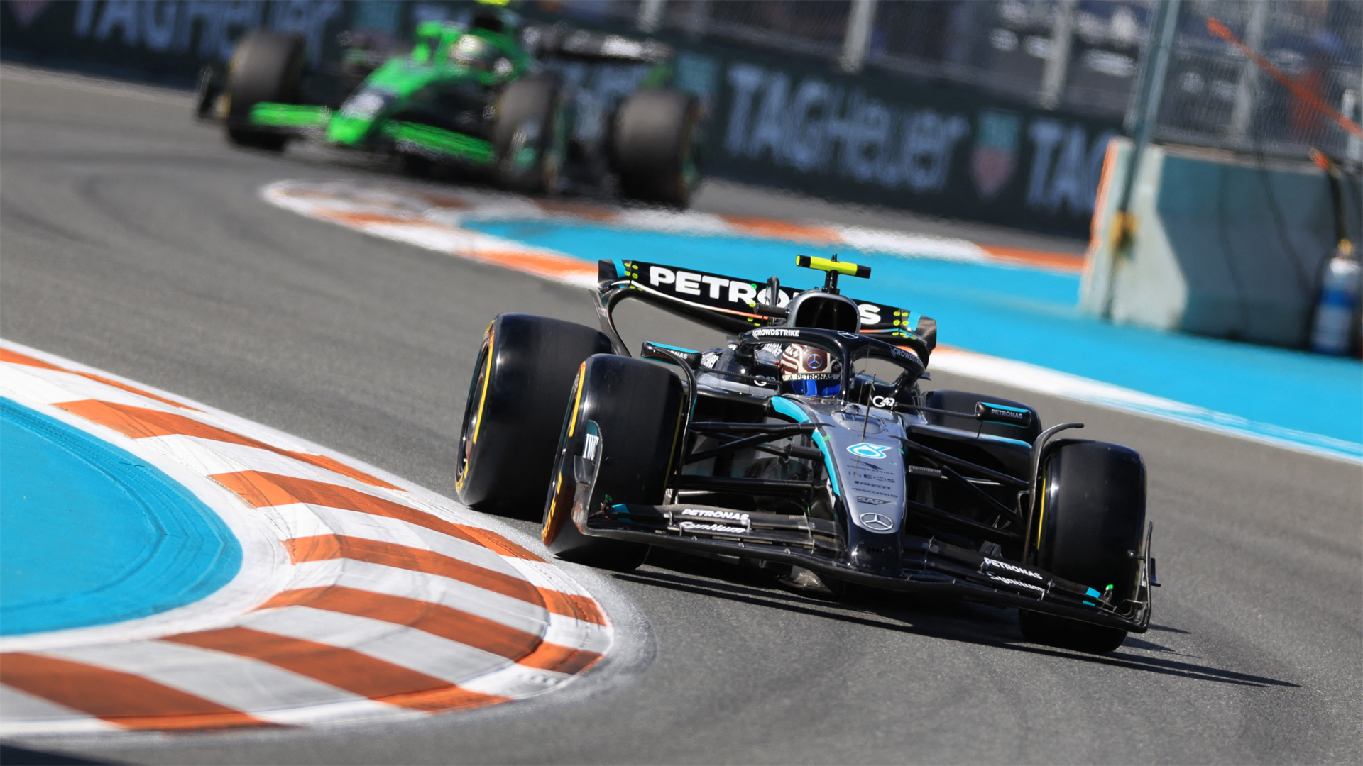 Mercedes’ Kimi Antonelli driving around a bend on his way to securing sprint pole position at the Miami Grand Prix 2025