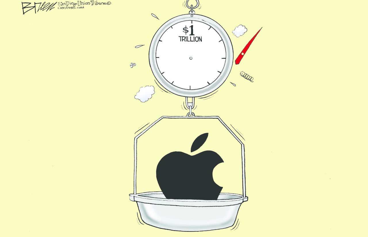 Political cartoon U.S. Apple $1 trillion economy money business