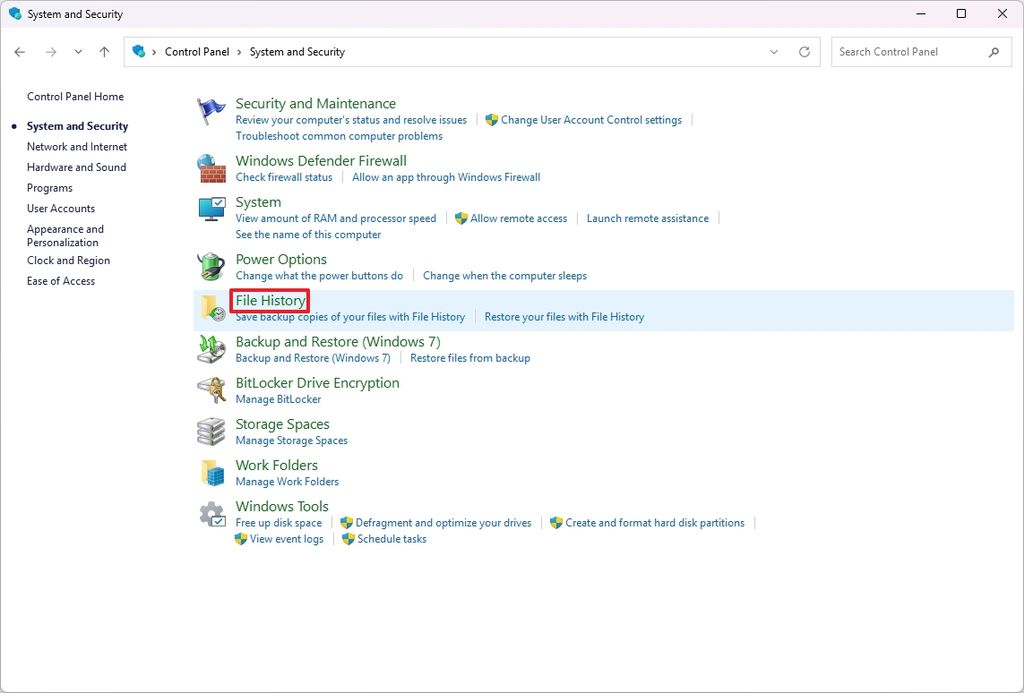 Control Panel File History