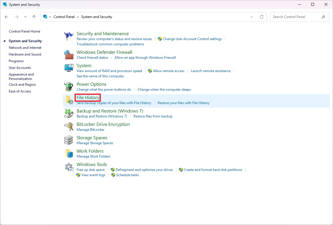 Control Panel File History