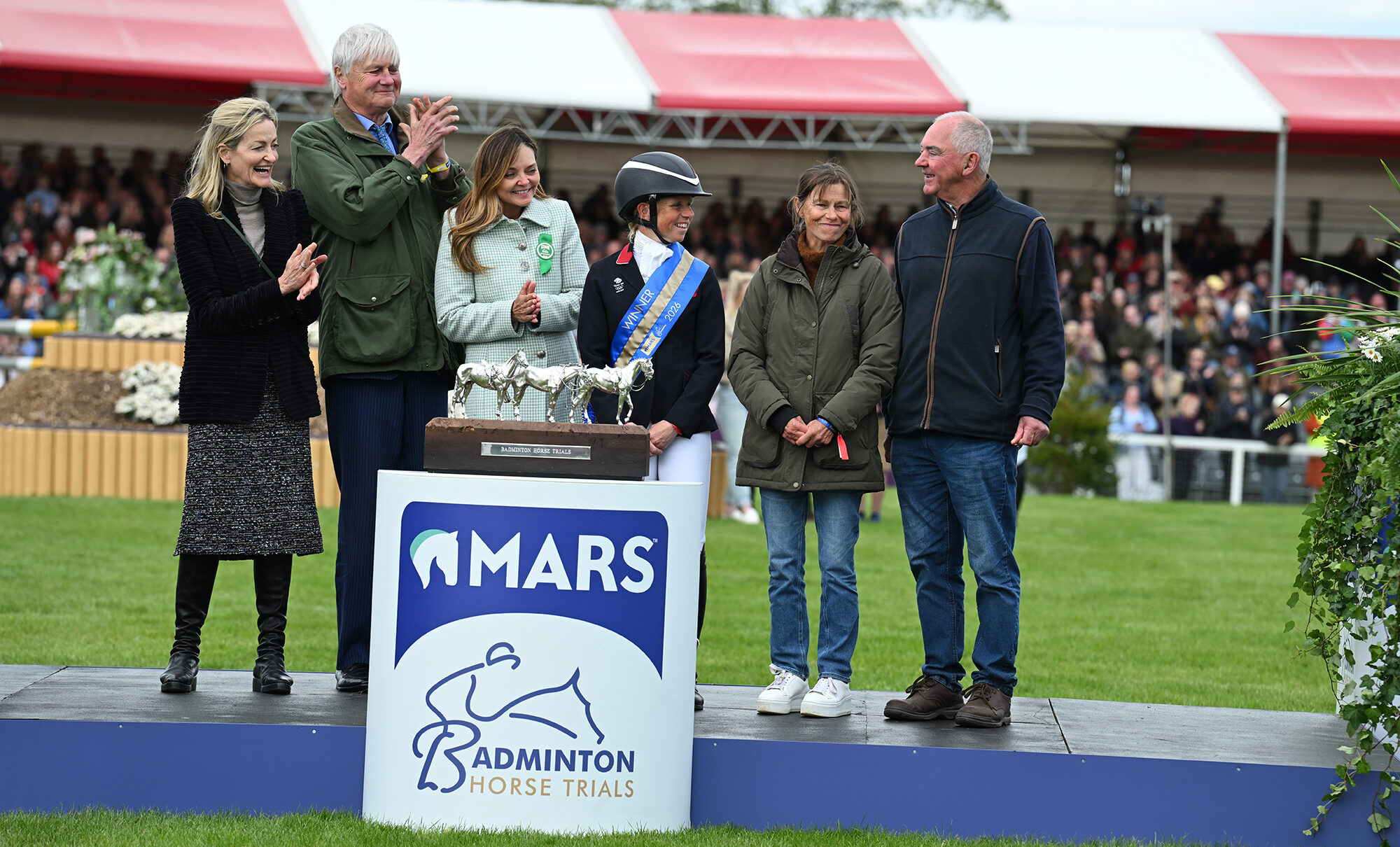 Lordships Graffalo&amp;rsquo;s owners Michele and Archie Saul (right) with Ros Canter, plus the Duke and Duchess of Beaufort and Bridgett McIntosh, director of Mars Equestrian. The Sauls are receiving a prize for their horse&amp;rsquo;s third Badminton win.