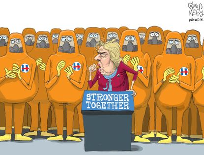 Political cartoon U.S. 2016 election Hillary Clinton health hazmat suits