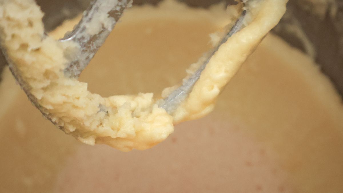 Laura Ashley stand mixer mixing butter, sugar and egg