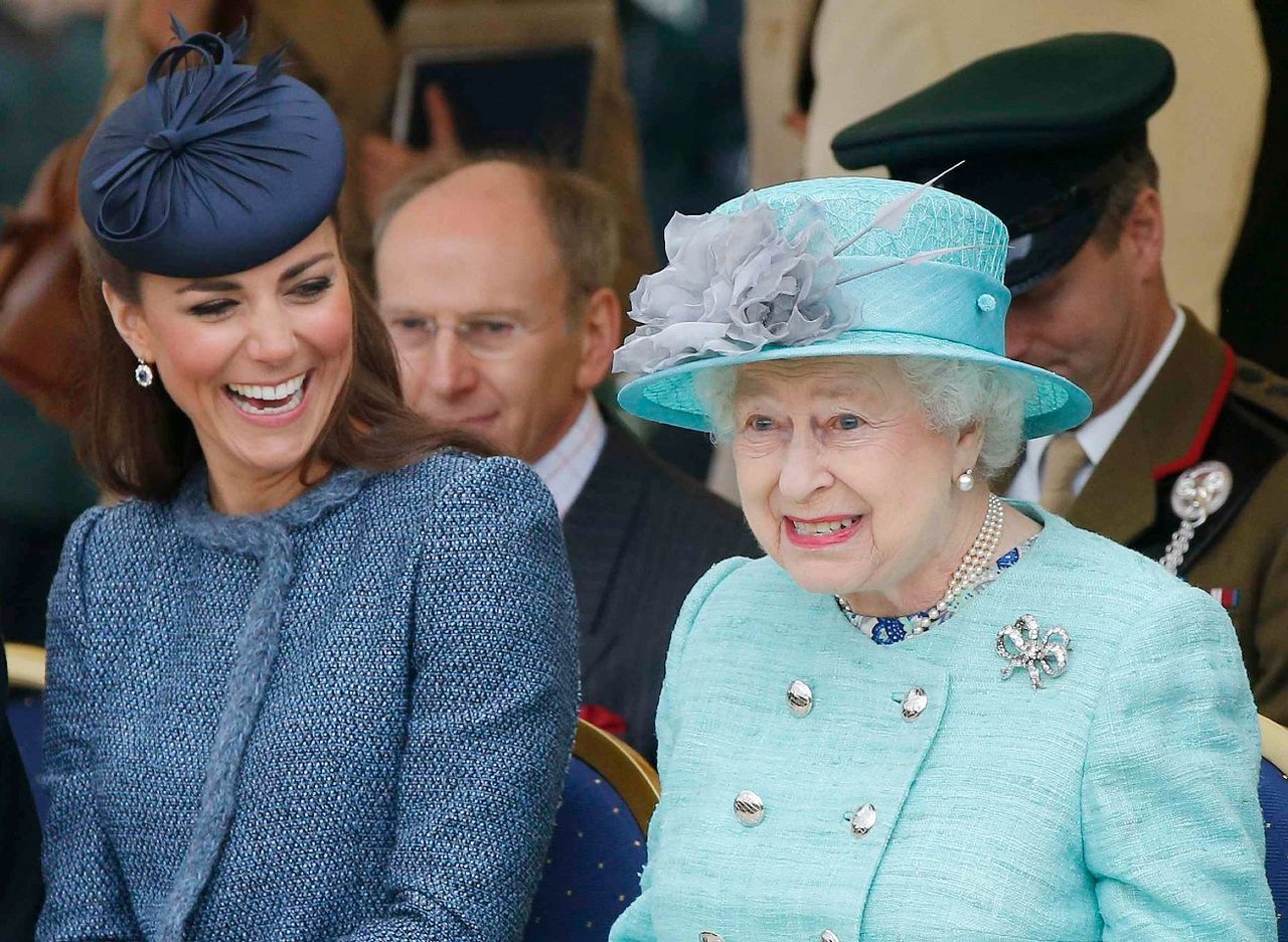 Kate Middleton and Queen Elizabeth II watch part of a children&#039;s sports event