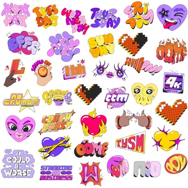 An example image of several of Instagram's newest stickers like the days of the week, "W," "L," 4K, Sound On, and more.