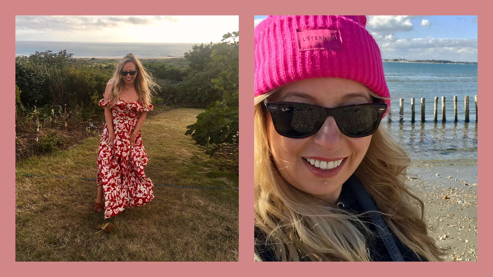 Antonia Kraskowski wearing ray-ban wayfarers at a summer wedding and at the beach in winter