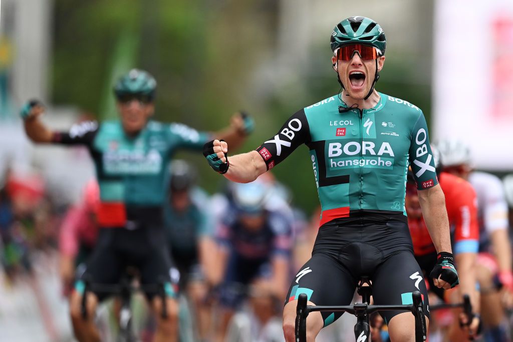 FRANKFURT AM MAIN GERMANY MAY 01 Sam Bennett of Ireland and Team Bora Hansgrohe celebrates at finish line as race winner during the 59th EschbornFrankfurt 2022 a 185km one day race from Eschborn to FrankfurtamMain WorldTour on May 01 2022 in Frankfurt am Main Germany Photo by Stuart FranklinGetty Images