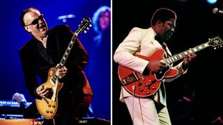 Joe Bonamassa [left] wears shades takes a solo on vintage Gibson Les Paul; B.B. King [right] wears a cream suit and takes a solo on a red Gibson ES-355 at the 1969 Newport Jazz Festival