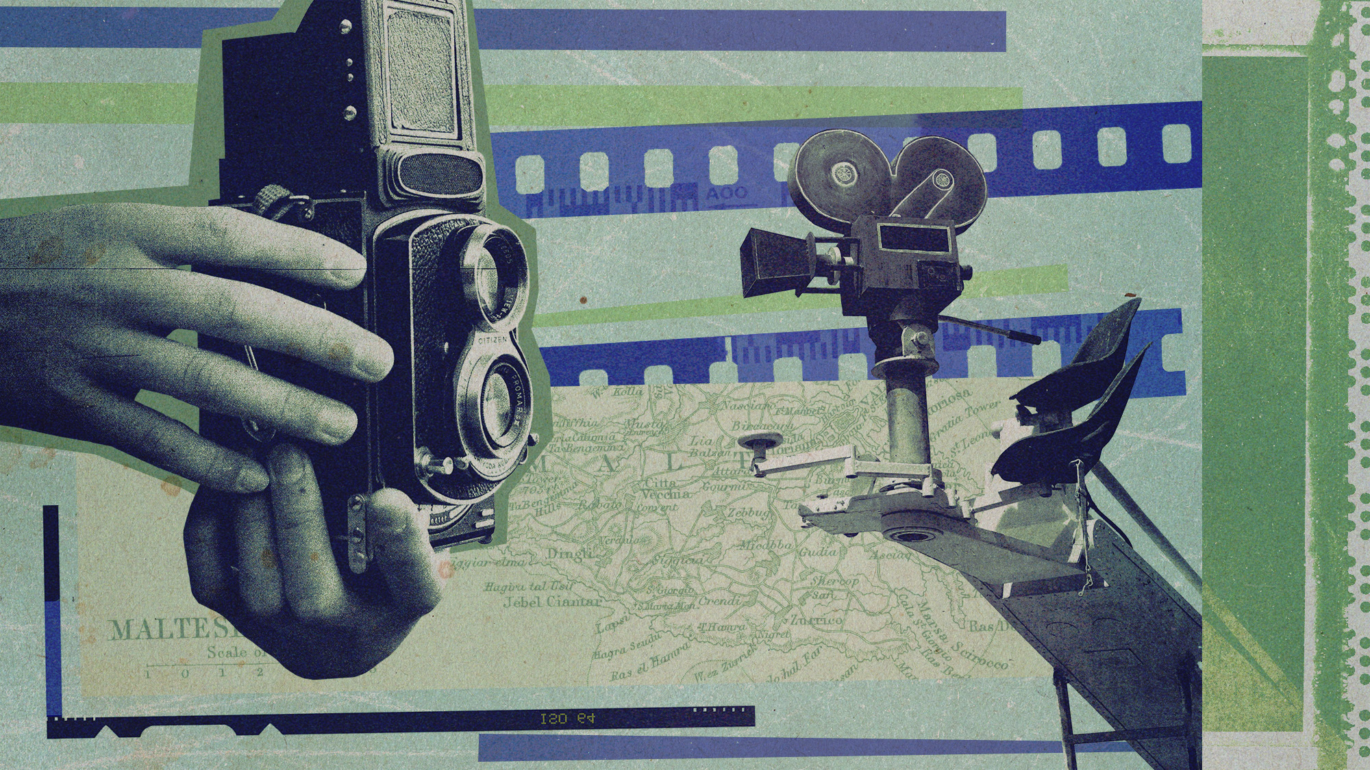 Photo collage of vintage photo and video cameras overlaid with film stock, and a map of Malta