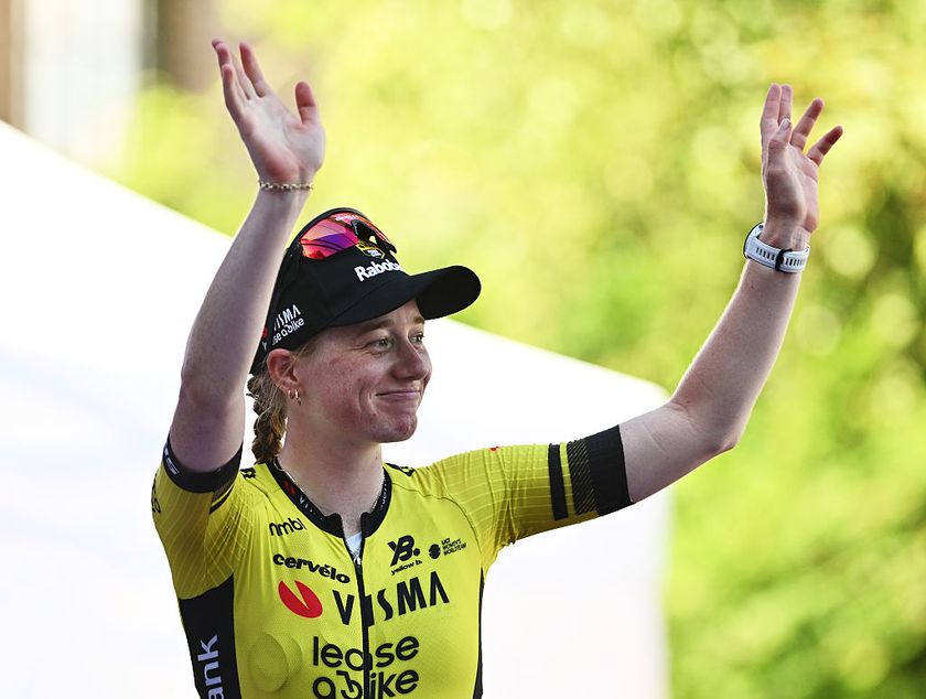 OLSENE, BELGIUM - JULY 18: Nienke Veenhoven of Netherlands and Team Visma | Lease a Bike celebrates at podium as stage winner during the 11th Baloise Ladies Tour 2025, Stage 2 a 127.3km stage from Olsene to Olsene on July 18, 2025 in Olsene, Belgium. (Photo by Luc Claessen/Getty Images)