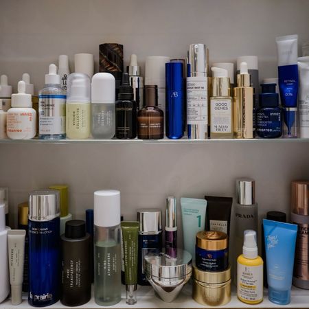 Beauty products on a shelf
