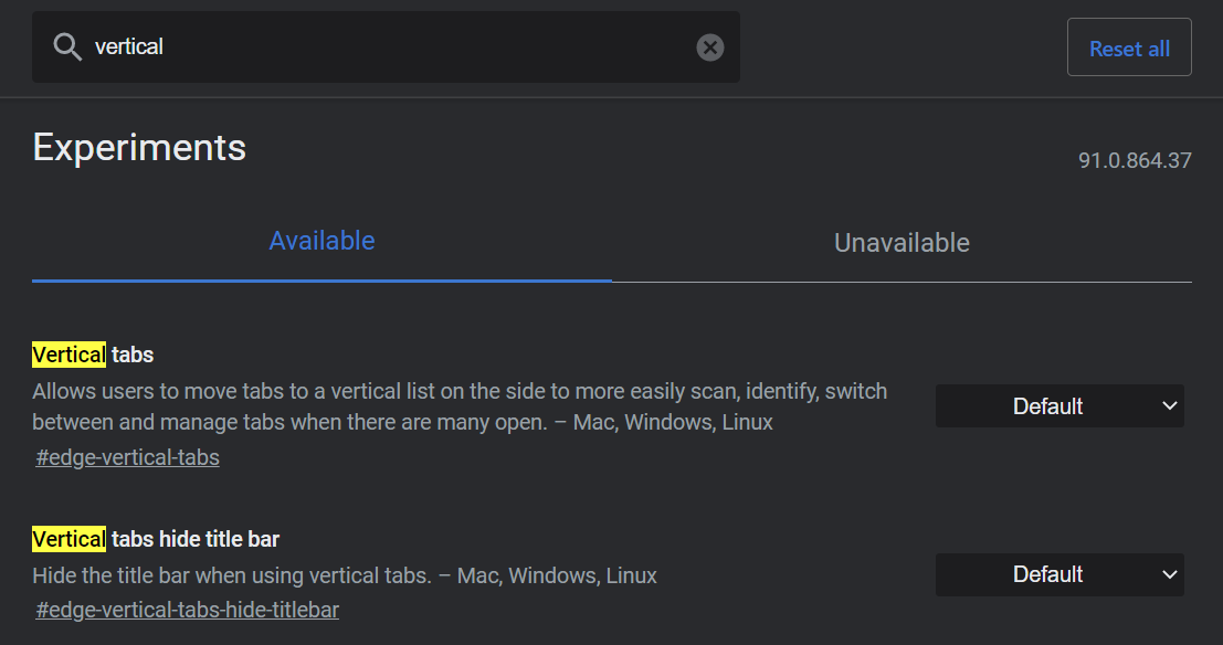 Vertical tabs option in Microsoft Edge 91