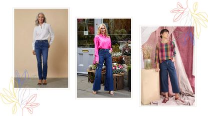 Three women wearing jeans that are the best jeans for women over 60