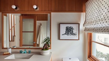A wooden bathroom design