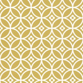Layla Faye Daisy Chain Wallpaper with a floral-tile pattern in a golden moss colour.