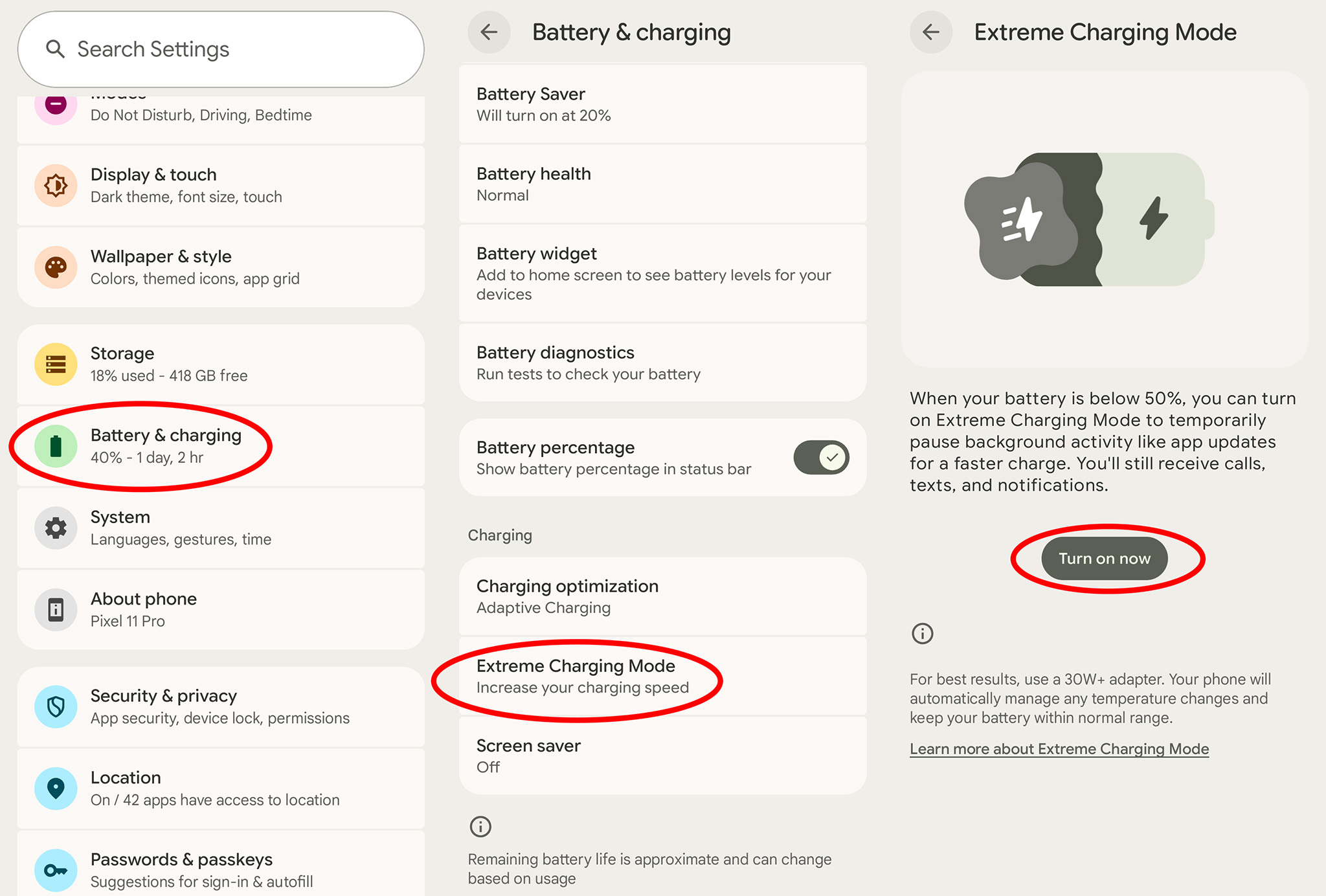 How to enable Extreme Charging on a Pixel 11 phone
