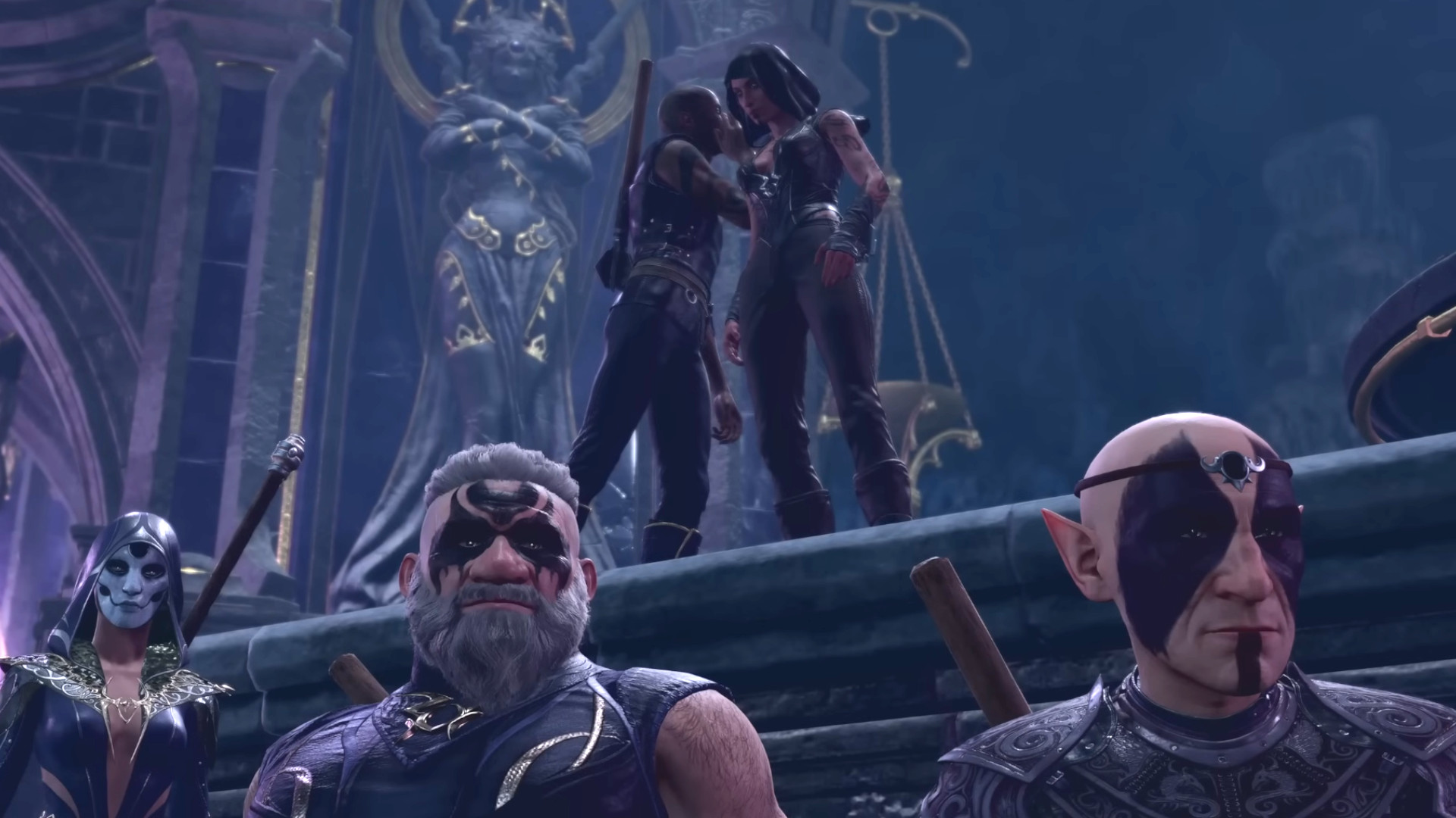 A group of enemies whispering to each other during a cut scene in the RPG Baldur's Gate 3