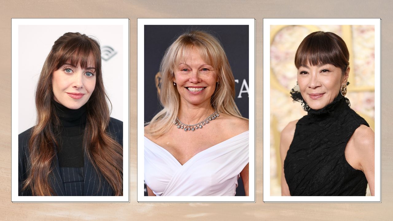 A selection of celebrity fringe hairstyles - Left to right, Alison Brie is pictured with a fringe at the Variety Sundance Studio Presented by Audible on January 26, 2025 in Park City, Utah, alongside a picture of Pamela Anderson (M), who is also pictured with a wispy fringe at the EE BAFTA Film Awards 2025 at The Royal Festival Hall on February 16, 2025 in London, England. And finally on the right, Michelle Yeoh is seen with a full fringe at the 82nd Annual Golden Globe Awards at The Beverly Hilton on January 05, 2025 in Beverly Hills, California / in a grey and beige sunset-style template