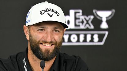 Jon Rahm talks to the media before the FedEx St. Jude Championship at TPC Southwind