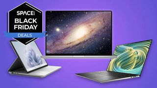 Three laptops are placed in a triangular formation with the space.com logo in the top left corner, all on a purple background.