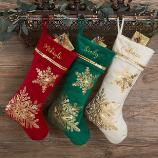 Set o f 3 personalized embroidered Christmas stockings in red, white, and green