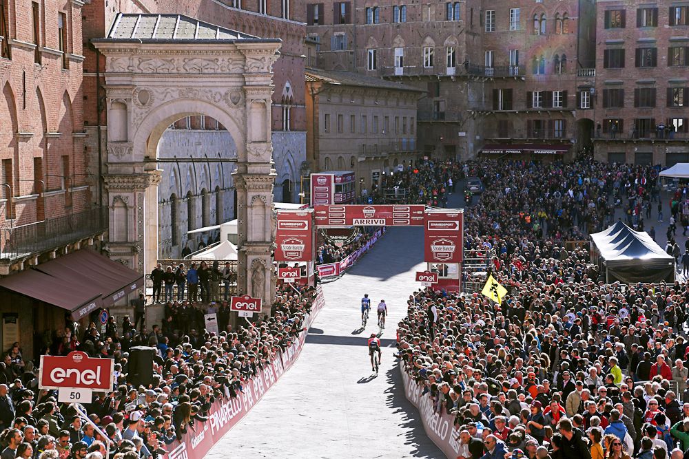 Zdenek Stybar, Tiesj Benoot and Greg Van Avermaet finish Strade Bianche