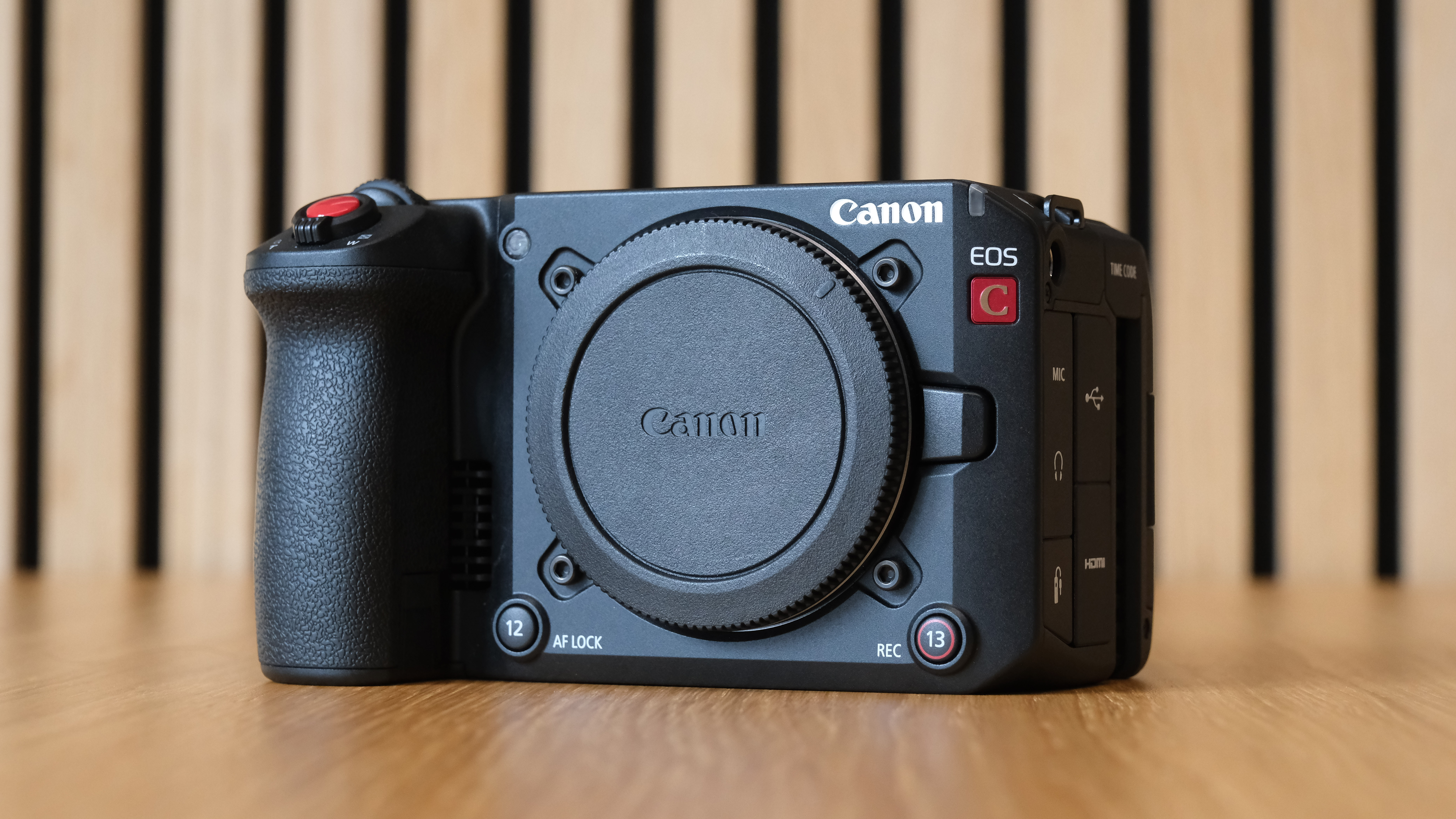 Canon EOS C50 against a striped wooden background
