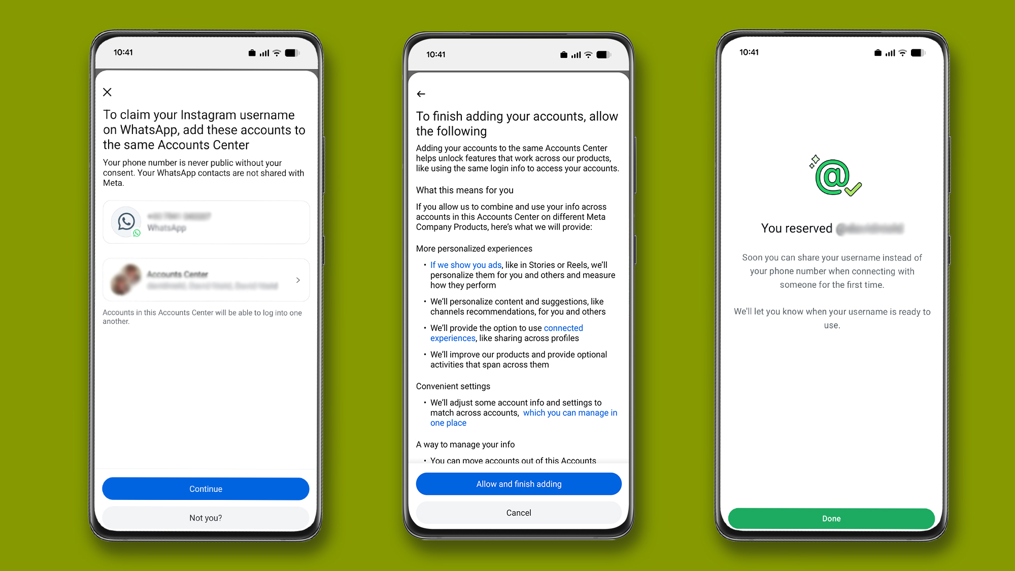 Three phones showing the process for reserving your WhatsApp username