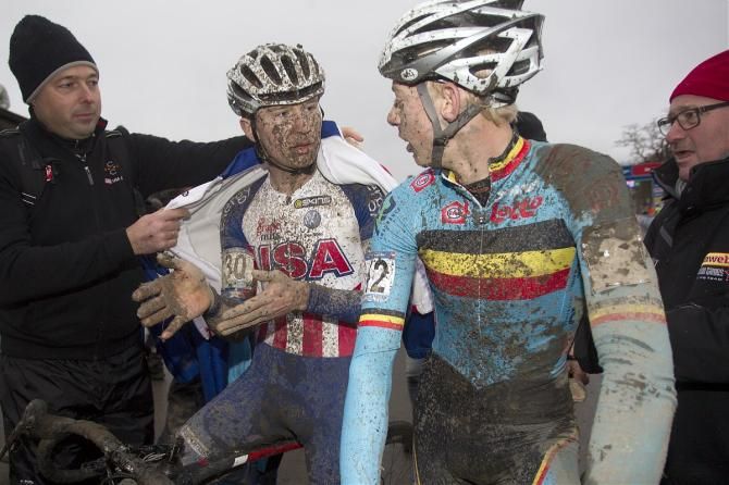 Logan Owen (USA) and Michael Vanthourenhout (Belgium) discuss the latter's disqualification in Namur