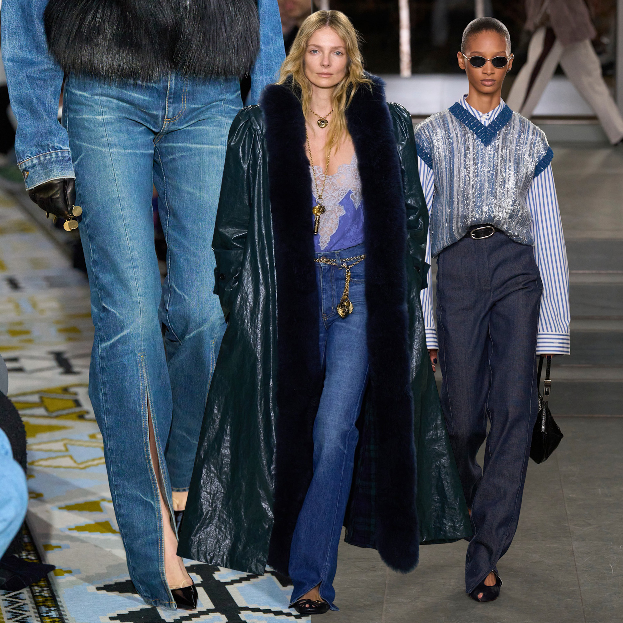 Women in wide-leg split-hem jeans