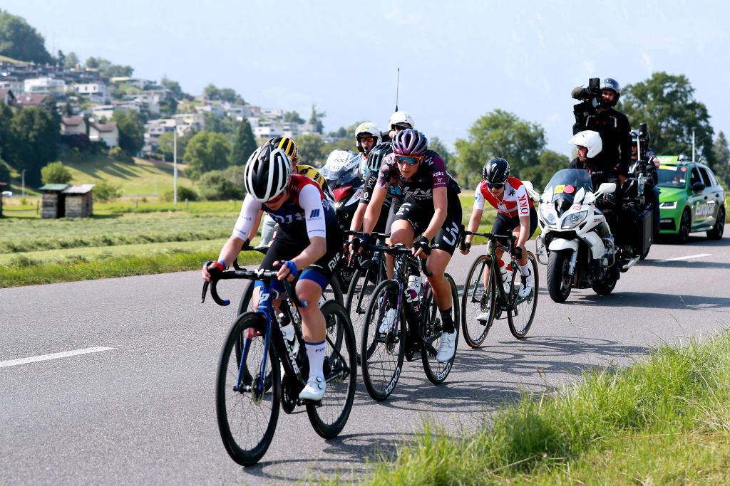 CHUR SWITZERLAND JUNE 20 La Curinier of France and Team DSM Stine Borgli of Norway and Team FDJ NouvelleAquitaine Futuroscope Amber Kraak of The Netherlands and Team JumboVisma Quinty Ton of The Netherlands and Team Liv Racing Xstra and Sina Frei of Switzerland and Team Swiss Cycling competing in the breakaway through Sevelen during the 2nd Tour de Suisse Women 2022 Stage 3 a 1242km stage from Vaduz to Chur on June 20 2022 in Chur Switzerland Photo by Heinz ZwickyGetty Images