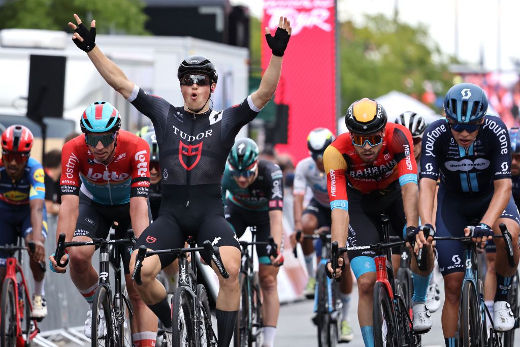 Arvid De Kleijn (Tudor) celebrates at finish line as stage winner