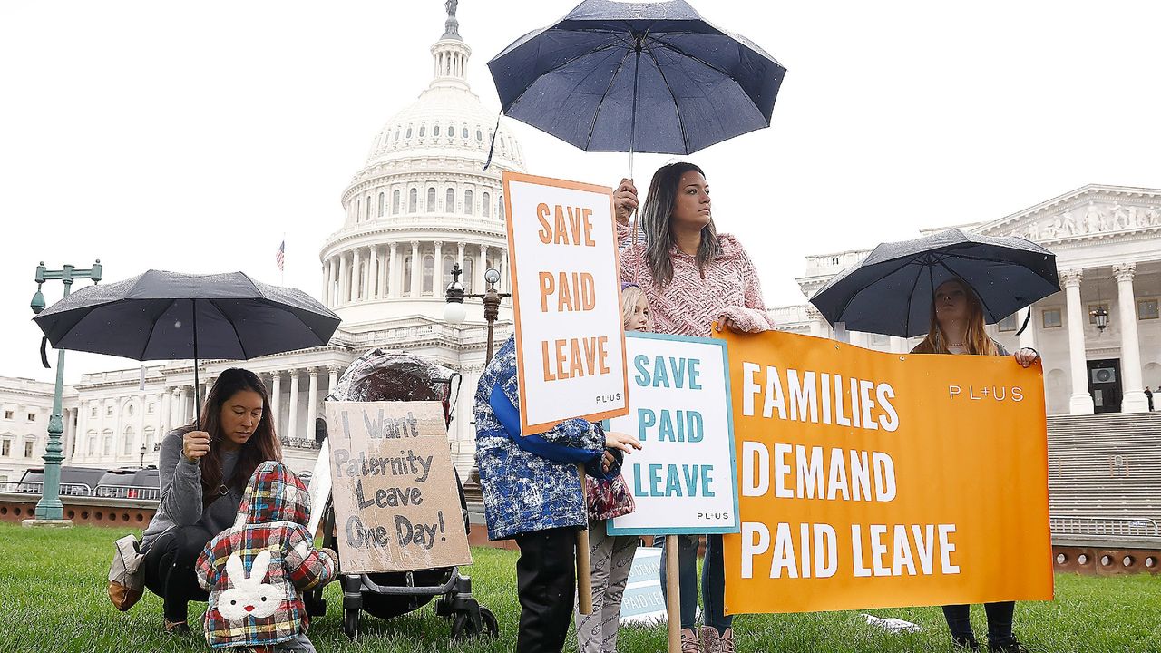 Caregivers and families gather in Washington, DC, demanding paid leave for all. 