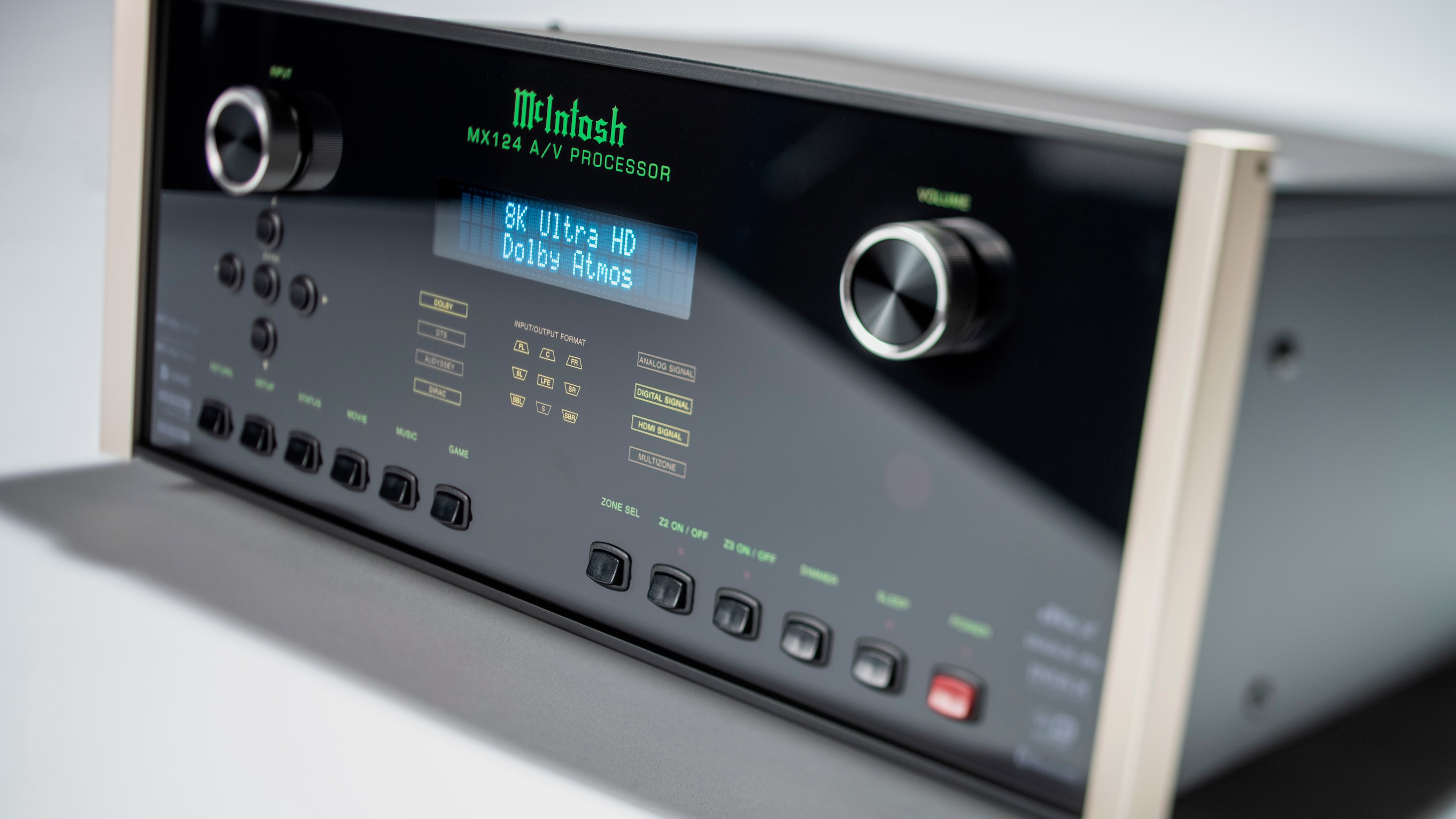 The McIntosh MX124 A/V processor at a 3/4 angle on a white background.