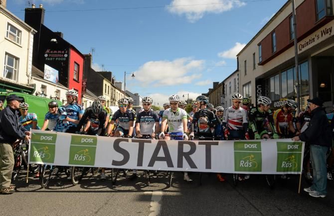 The An Post Ras peloton await the start of stage 3 in Nenagh