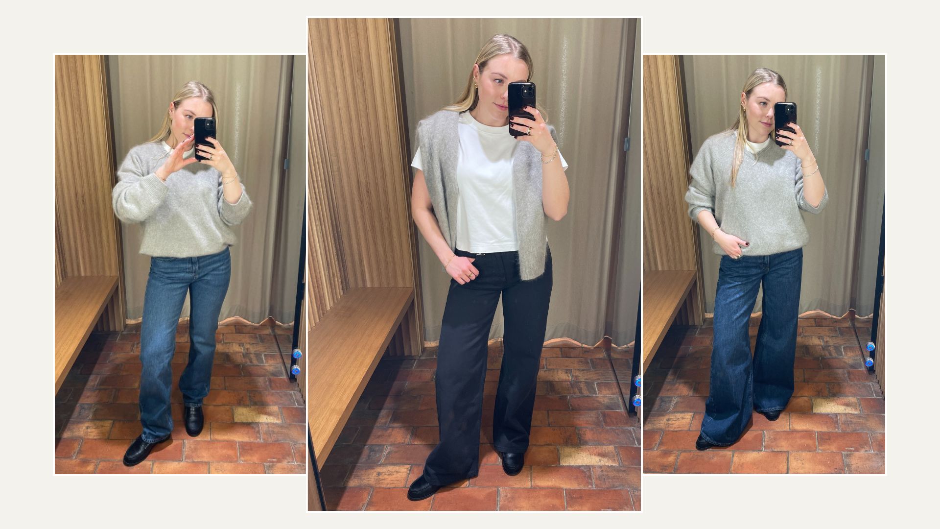 Woman wears grey jumper, white t-shirt and blue jeans