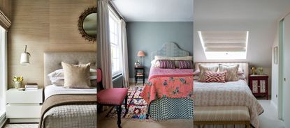 Should your bedding match your wall color? Neutral brown bedroom, colorful bedroom with patterned bedding. Bright attic bedroom with pink patterned bedding.