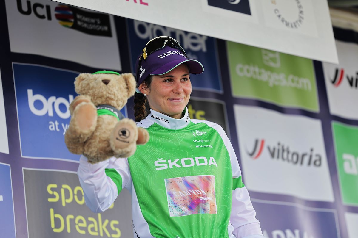 Picture by Alex Whitehead/SWpix.com - 10/06/2022 - Cycling - The Womenâ€™s Tour 2022 - Stage Five - Pembrey Country Park to The Black Mountain, Wales - Elise Chabbey of Team Canyon SRAM Racing on the podium leading the Skoda Queen Of The Mountains competition