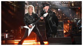 K.K. Downing and Rob Halford on stage at the Rock And Roll Hall Of Fame
