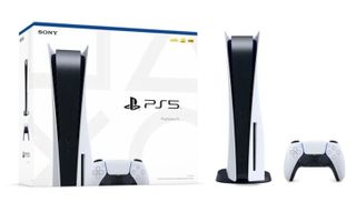 A PS5 console and DualSense controller sat next to a PS5 retail box
