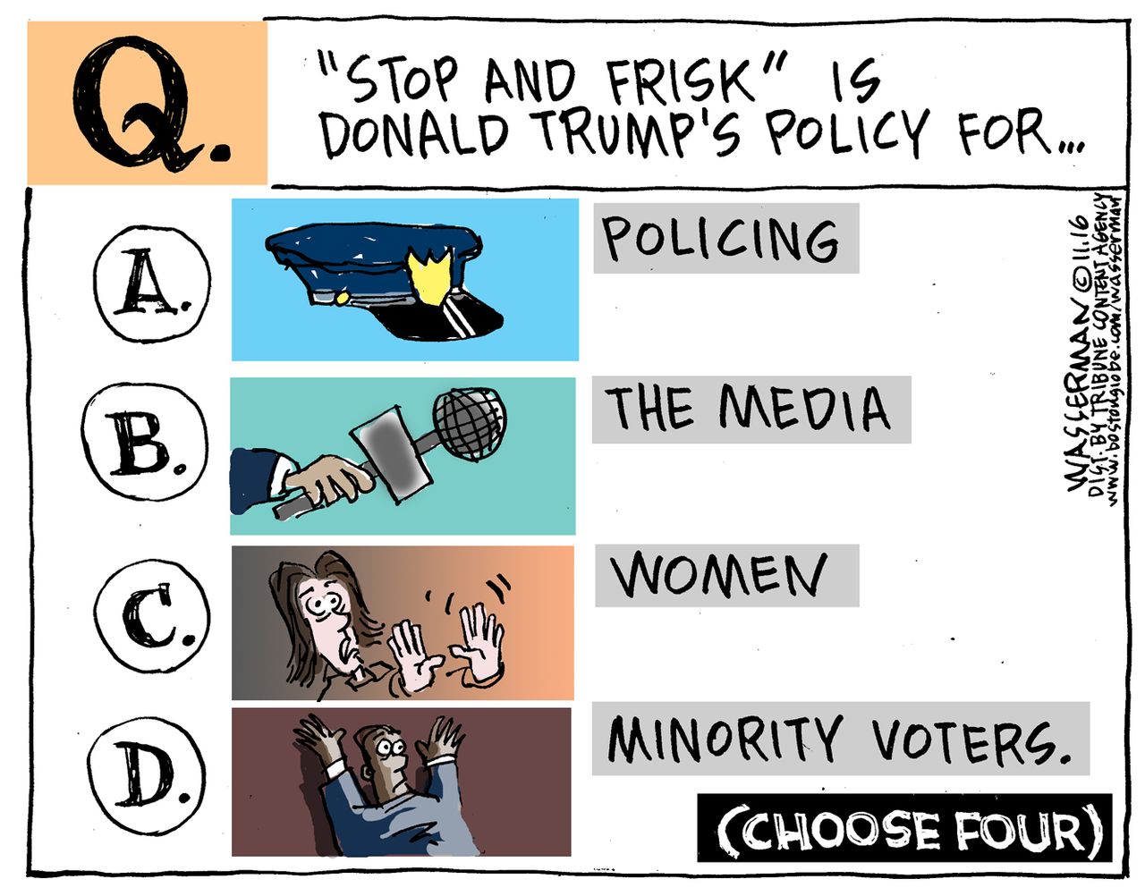 Political cartoon U.S. 2016 election Donald Trump policies