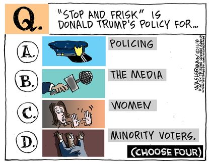 Political cartoon U.S. 2016 election Donald Trump policies
