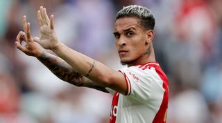 Antony of Ajax celebrates his 2-1 during the Dutch Eredivisie match between Ajax v FC Groningen at the Johan Cruijff Arena on August 14, 2022 in Amsterdam Netherlands.