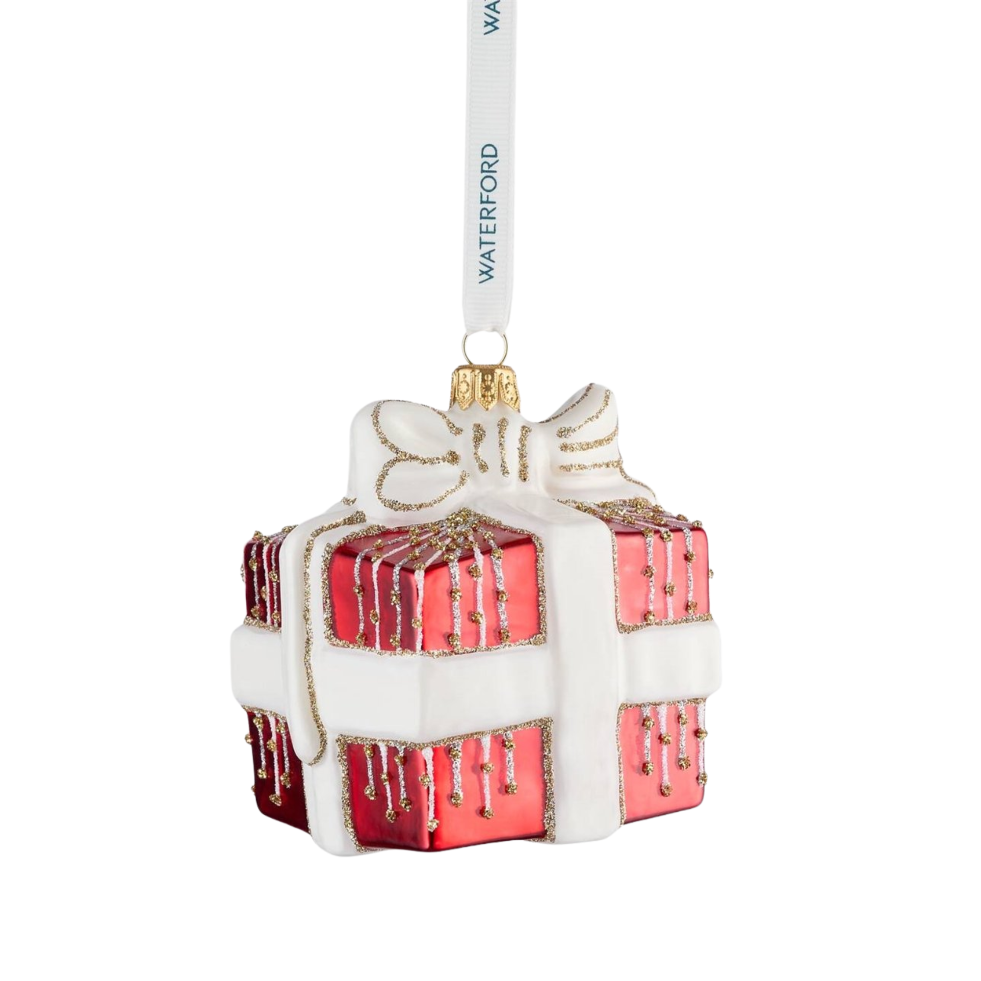 a glass ornament shaped like a present 