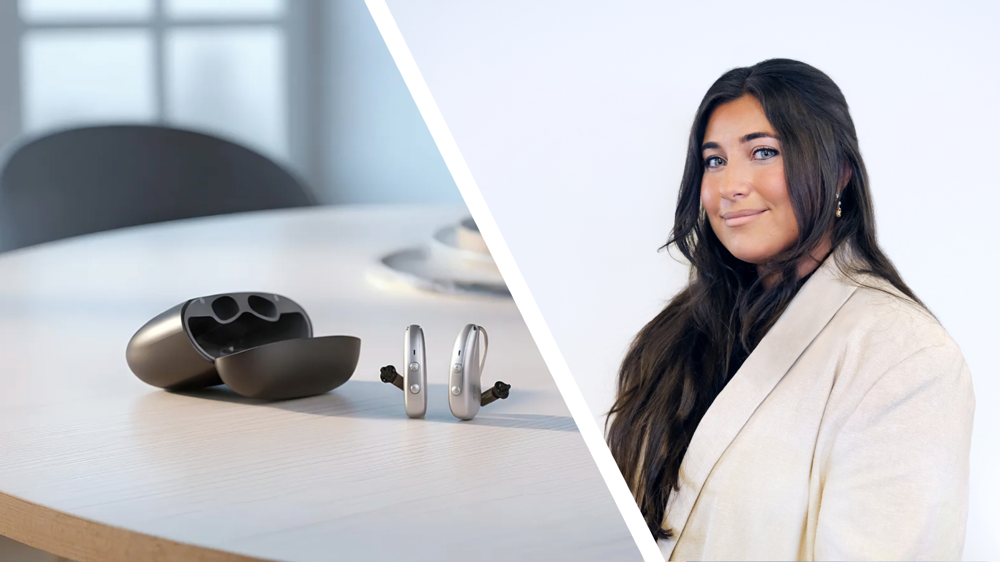 Audiologist Dr. Rachel Artsma in a split-screen image, with a set of hearing aids on the right 