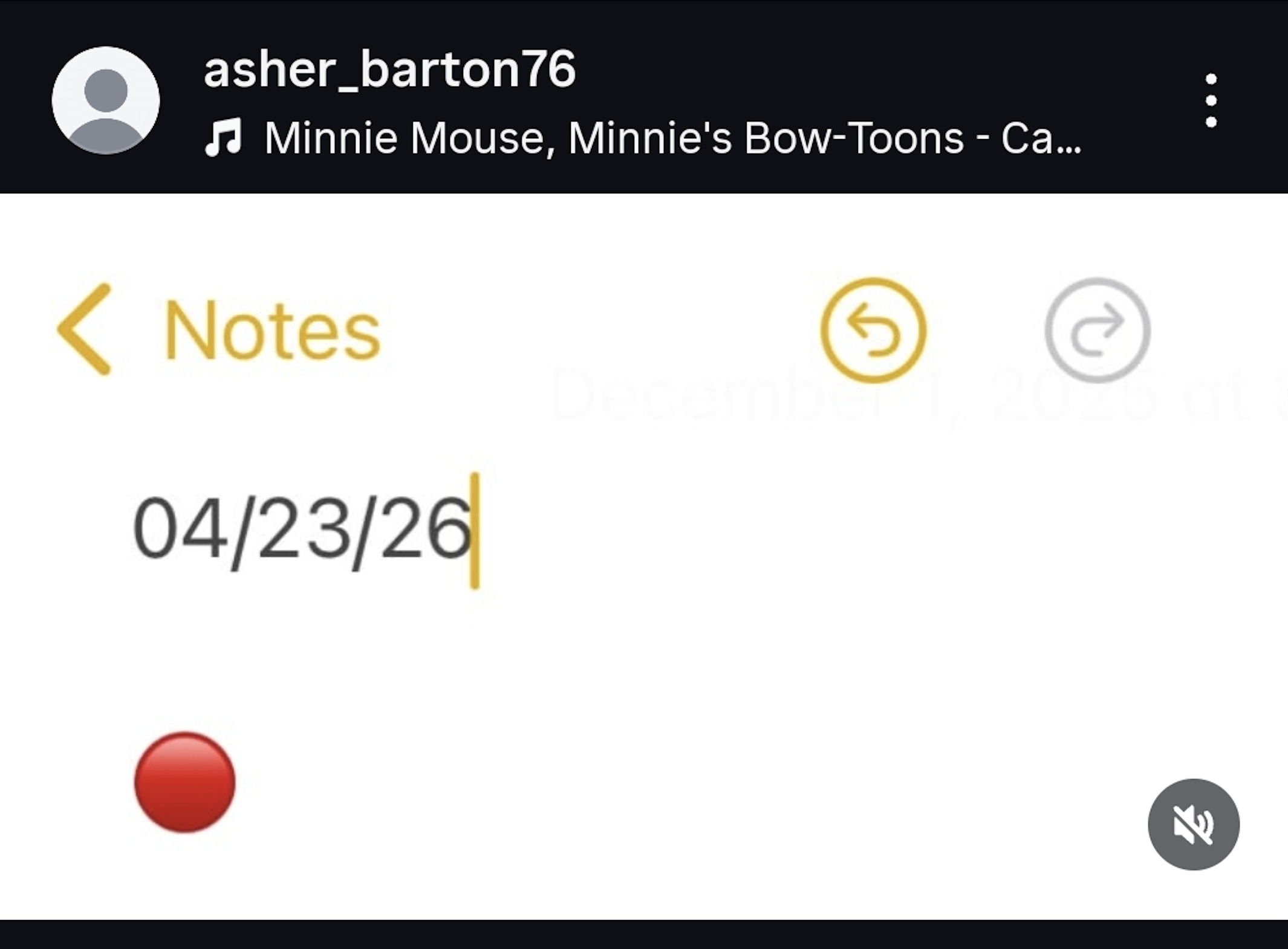 A notes app message saying 04/23/26 and a red ball.