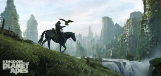 Kingdom of the Planet of the Apes concept art of ape riding horse near ruins of human civilization