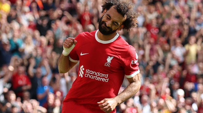 Mohamed Salah celebrates after scoring for Liverpool against Bournemouth in the Premier League in August 2023.