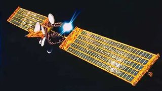 a rendering of a satellite with long golden solar arrays
